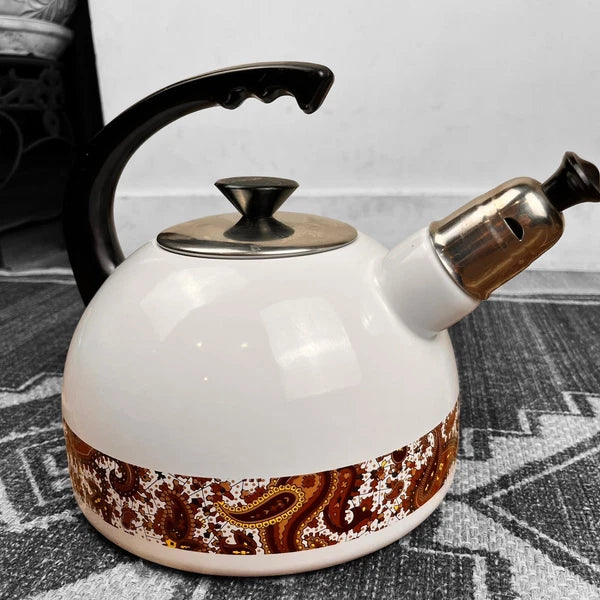 70's Design White Enamel Metal Whistling Tea Coffee Kettle Paisley Brown White