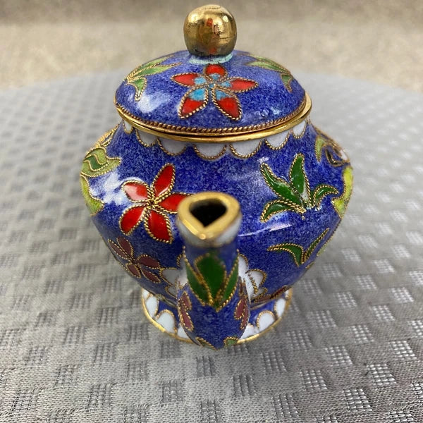 Vtg Miniature Cobalt Blue Enamel Gilded Cloisonne Floral Metal Back Teapot & Lid
