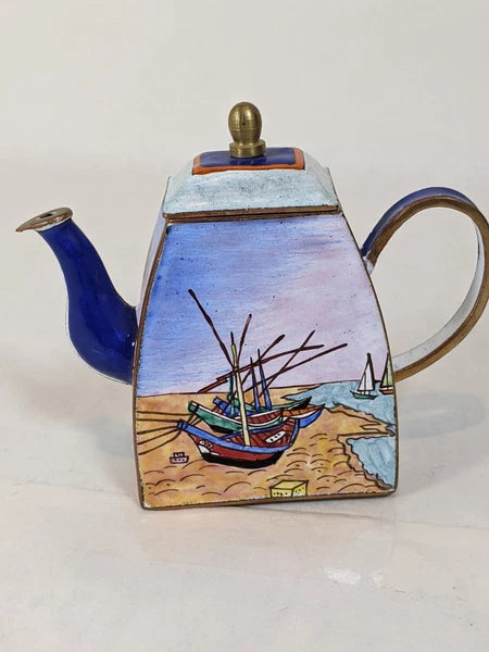 Kelvin Chen Handpainted Miniature Enamel Tea Pot brass boat scene