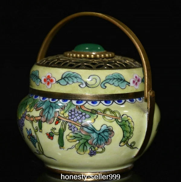 Qianlong Cloisonne Enamel Gilt Grape Insect Handle Wine Teapot Flagon Statue