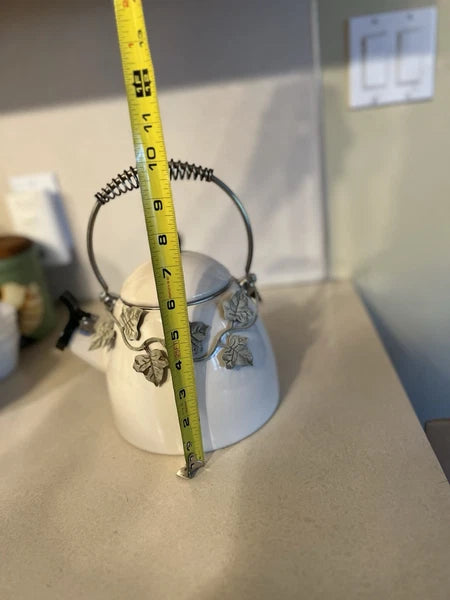 Enamel Whistling Tea Kettle Via Ancona White Ivory, Green Knob Ivy Garland