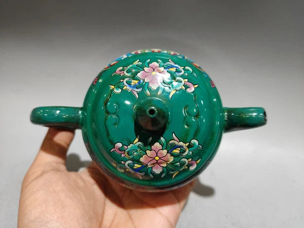 Chinese Purple Clay Pot Health Trays Figurine Enamel Painted Carved Floral