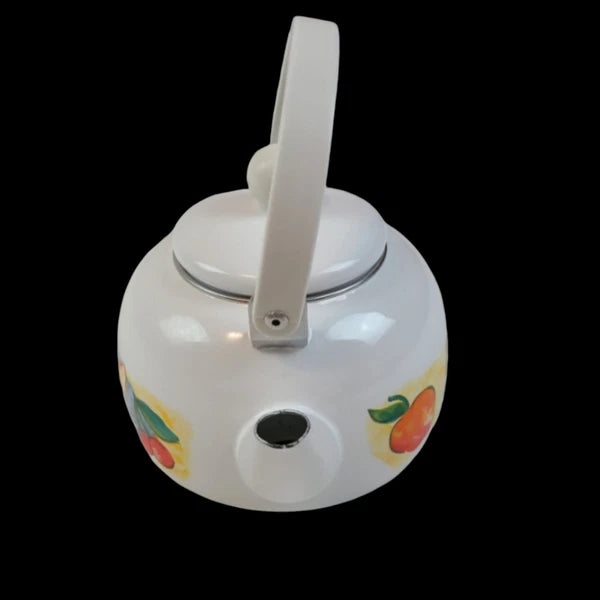 vintage white enamel tea kettle