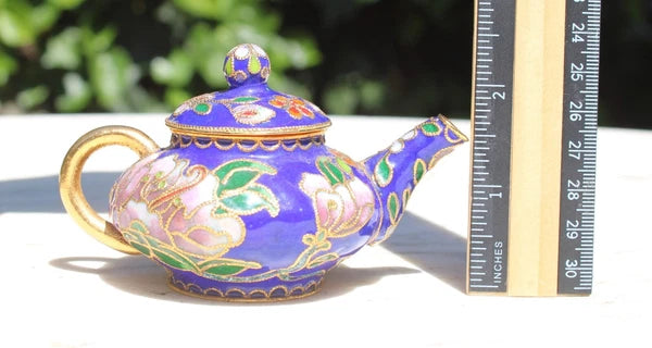 Vintage Cloisonne Blue Floral Enamel on Metal Miniature Decorative Teapot