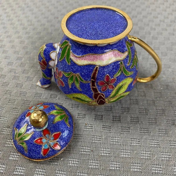 Vtg Miniature Cobalt Blue Enamel Gilded Cloisonne Floral Metal Back Teapot & Lid