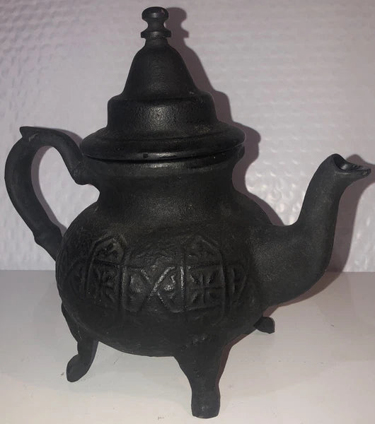 Ornate Vintage Cast Iron/Enamel Moroccan Style Tea Kettle 8" w/strainer basket