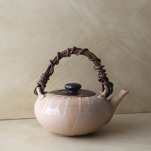 Vtg Asian Chinese Japanese Ceramic Clay Enameled Flat Teapot Kettle Raku Ware?