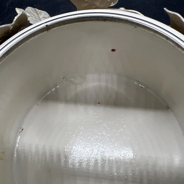 VTG Via Ancona White Enamel Whistling Tea Kettle Ivory, Green Knob Ivy Garland