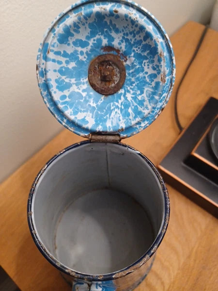 Antique Blue White Swirl Graniteware Enamelware Gooseneck Coffee Tea Pot .