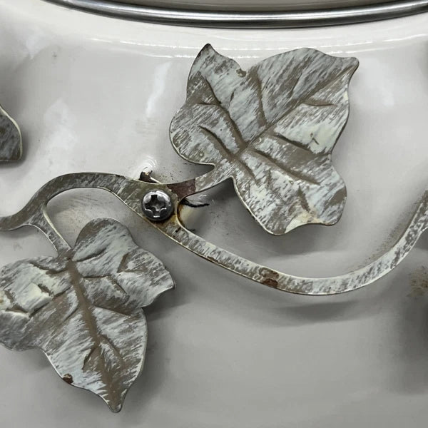 VTG Via Ancona White Enamel Whistling Tea Kettle Ivory, Green Knob Ivy Garland