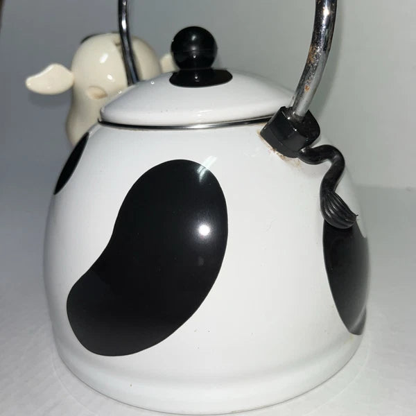 1992 M.K. Kamenstein Whistling 2 Quart Black and White Cow Tea Kettle with Bell