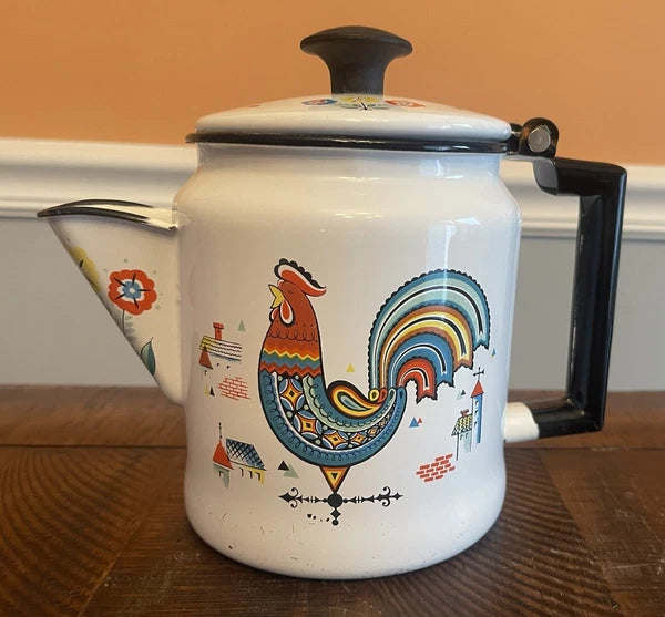 Vintage BERGGREN Enamel Coffee Pot Swedish Rooster Kettle Farm Flowers