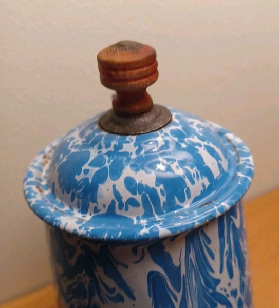 Antique Blue White Swirl Graniteware Enamelware Gooseneck Coffee Tea Pot .