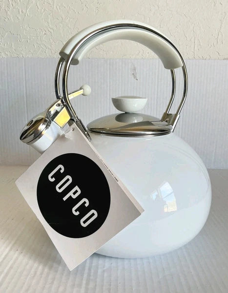 Vintage Copco Tea Kettle Whistling White Enamel Stainless Steel 2004 NEW NOS