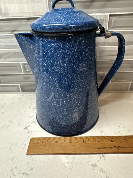 Vintage blue and white speckled enamel coffee/tea kettle 8” hiking camping RV