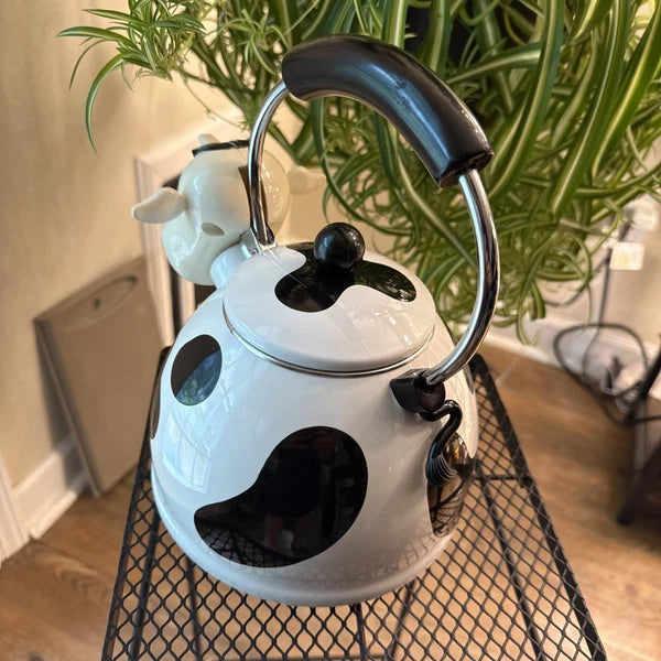 Vintage M Kamenstein Black White Cow Whistling Tea Kettle Teapot