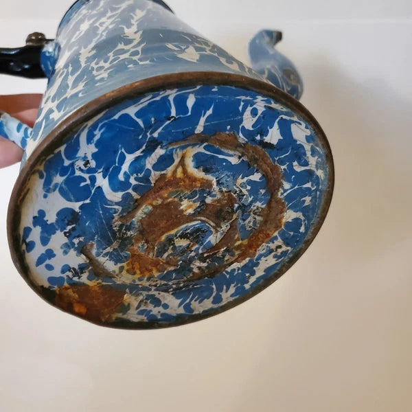 Antique Enamelware Coffee Pot Hinged Lid Seamless Original Turquoise Swirl 9"