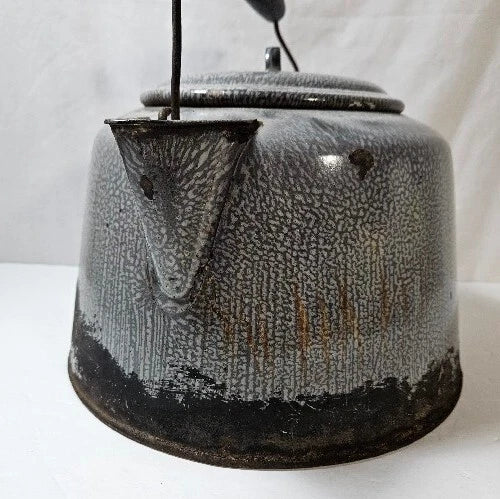 Antique Gray Enamelware Teapot Cowboy Camp Tea Kettle