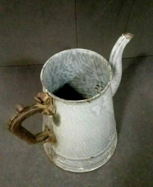 Early Grey Graniteware Teapot Enamel Ware - Primitive Elaborate Metal Handle
