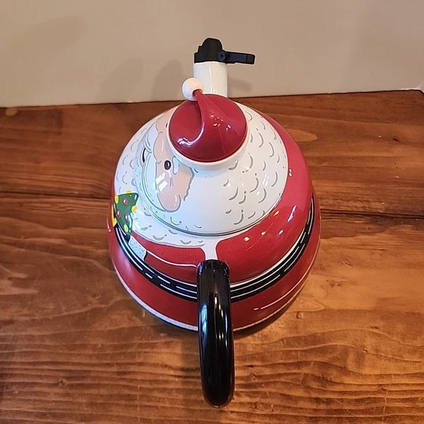 Vintage Santa Claus Enamel Whistling Tea Pot Kettle Holiday 3 Quart Christmas