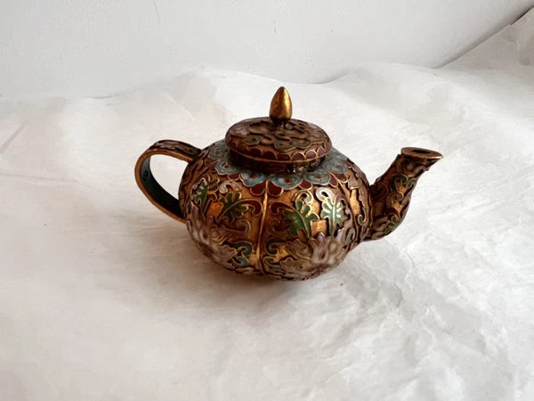 Vintage Miniature Asian Cloisonné Teapot Floral Enamel Trinket Box