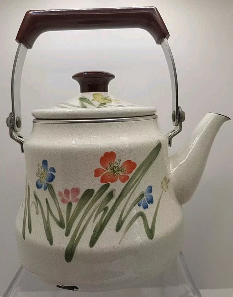 Vintage Tea Kettle, Floral Enamel on Steel Tea Kettle