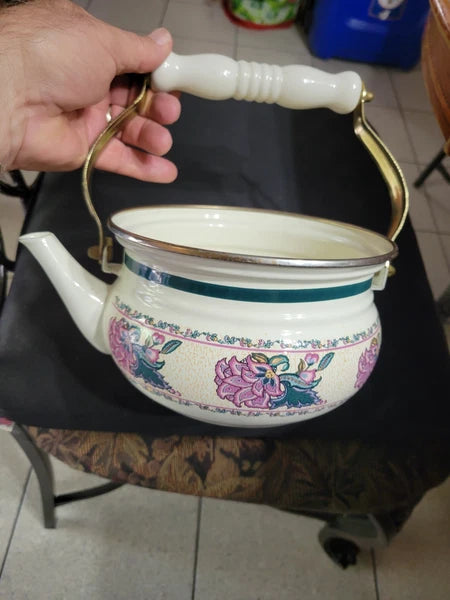 1990s Floral Enamel Tea Kettle, w Brass & ceramic Handle, Preferred stock Taiwan