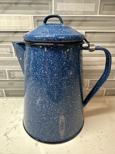 Vintage blue and white speckled enamel coffee/tea kettle 8” hiking camping RV