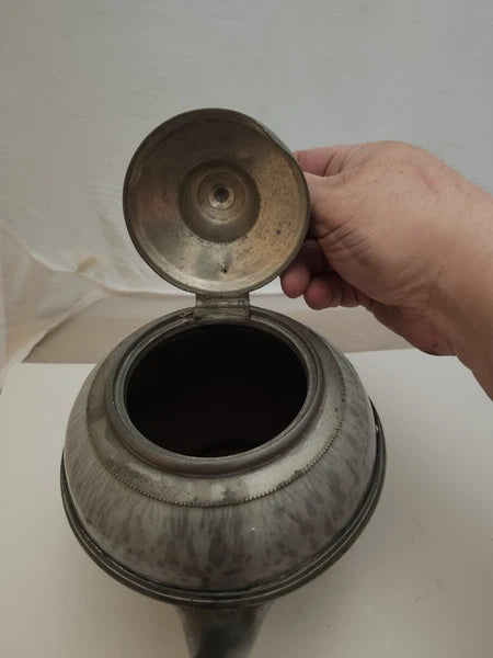 Mid 1880's Grey Graniteware Ironware Pewter & Brass Trimmed Teapot Enamel Ware