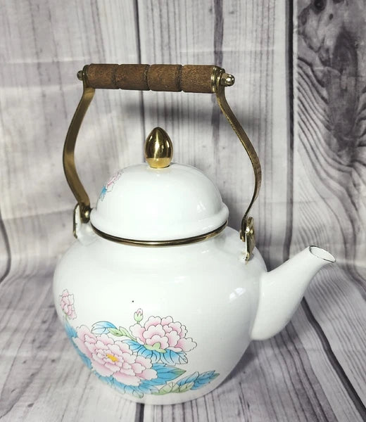 Vtg 1988 Tea Kettle Pot Enamel White Poppies Flowers Brass National Housewares