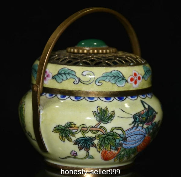 Qianlong Cloisonne Enamel Gilt Grape Insect Handle Wine Teapot Flagon Statue