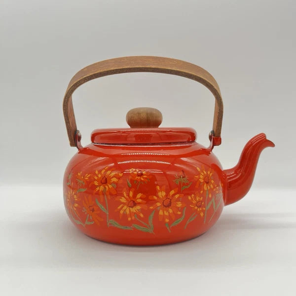 Boho Style VTG Enamel Tea Kettle Red Orange w Daisies & Teak Handle *DECOR ONLY*